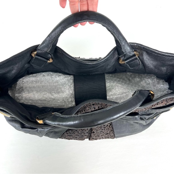 CC SKYE USA Black w Brown Cutout Laser Cut Leather Oversized Shoulder Bag Tote - Picture 10 of 14